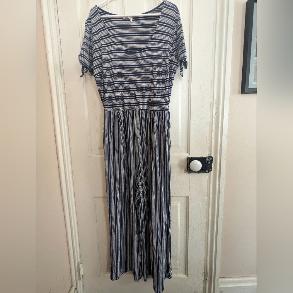 Women's/Juniors Rewind Blue and White Ribbed Knit Jumpsuit XL